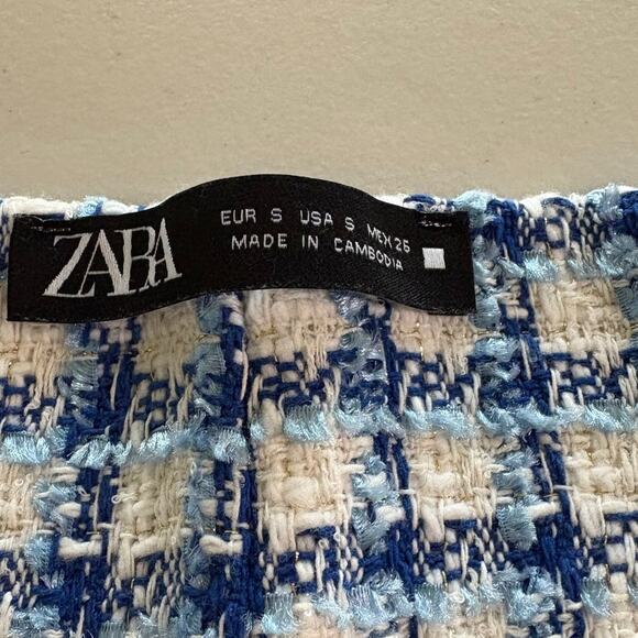 Zara Blue White Houndstooth Plaid Tweed Pull On Shorts Size S - Picture 3 of 4